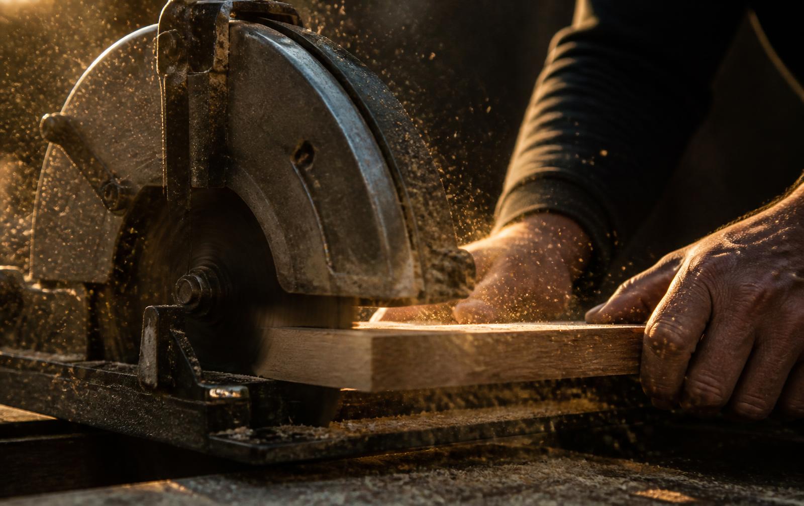 Handen van een vakman zagen een plank door in een werkplaats vol zaagsel