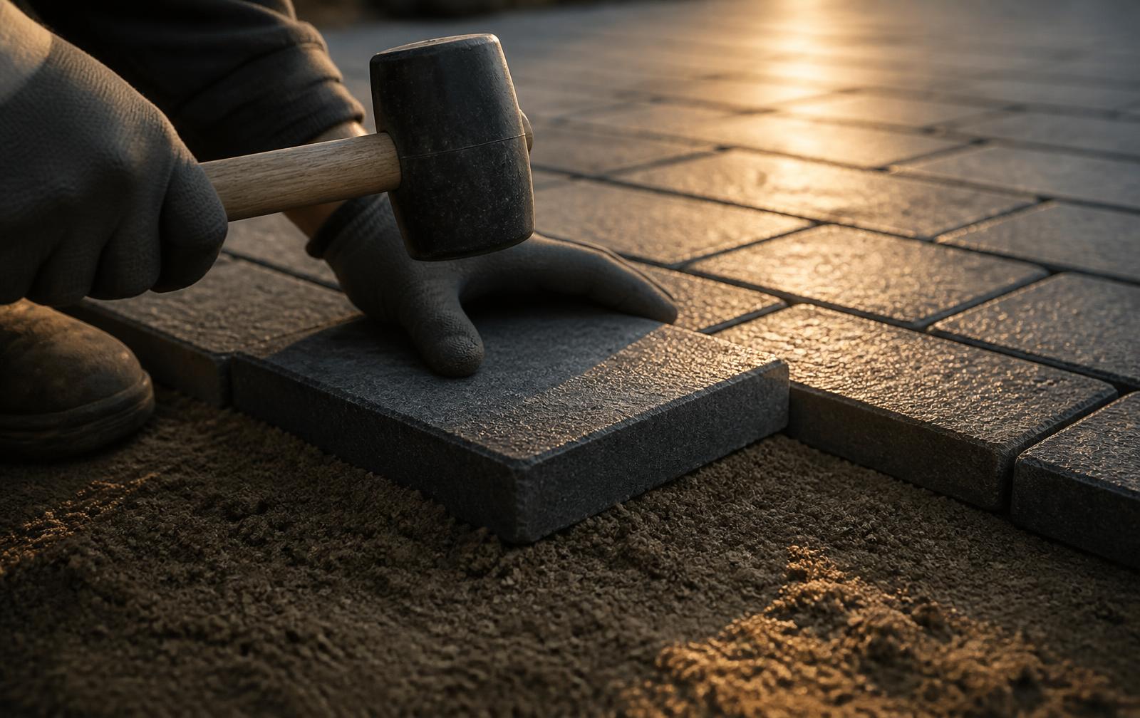 Handen leggen een donkere terrastegel recht met een rubberen hamer