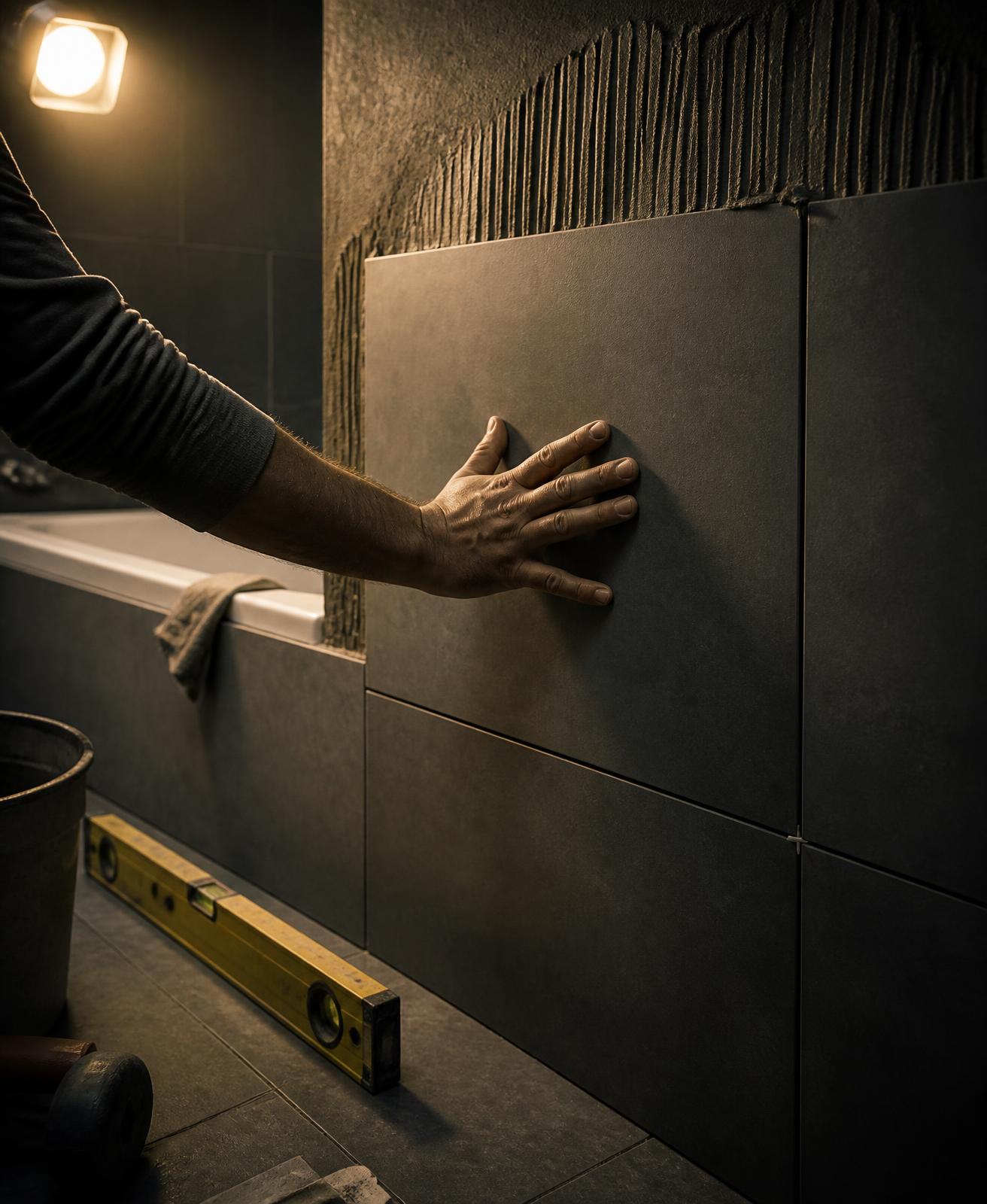 Stukadoor drukt een grote matte tegel in de kamlaag van een badkamerwand