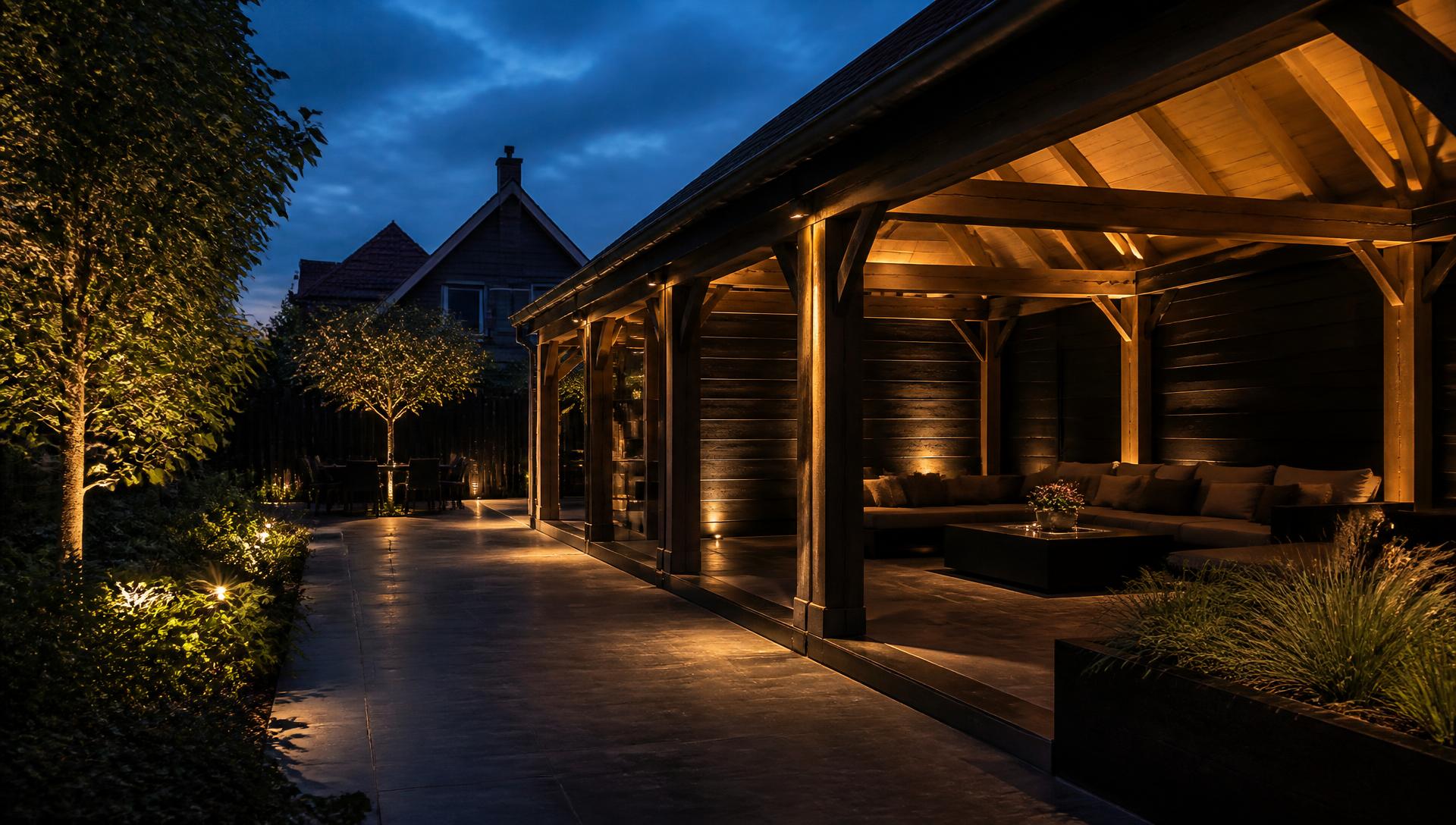 Houten veranda met warme verlichting in een tuin bij schemer